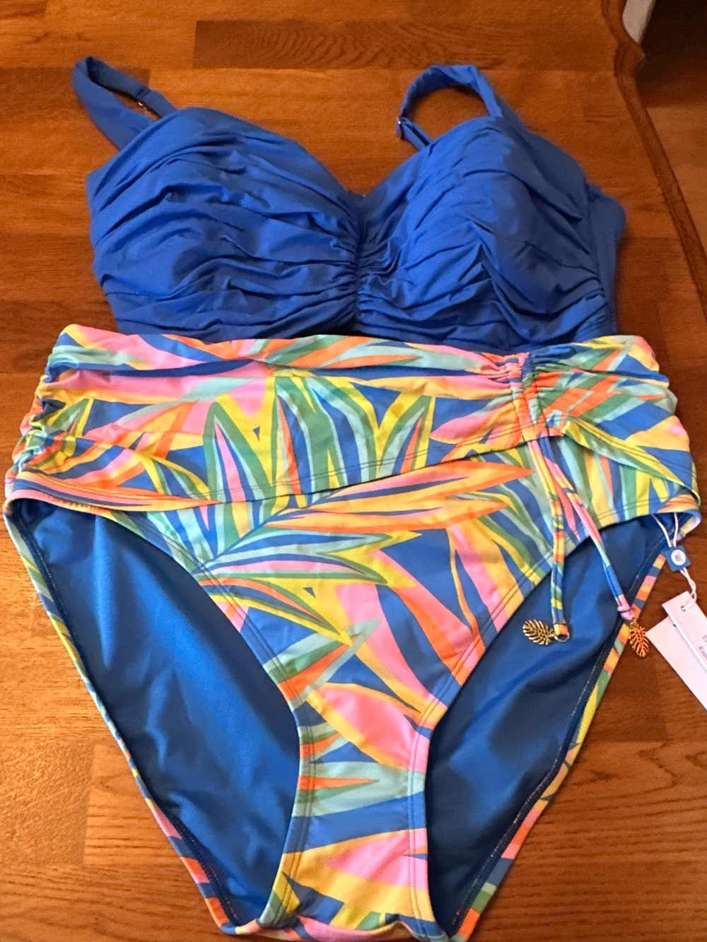 Bleu Rod Beattie Blue Top with Multicolor Tropical Print Bottom Set